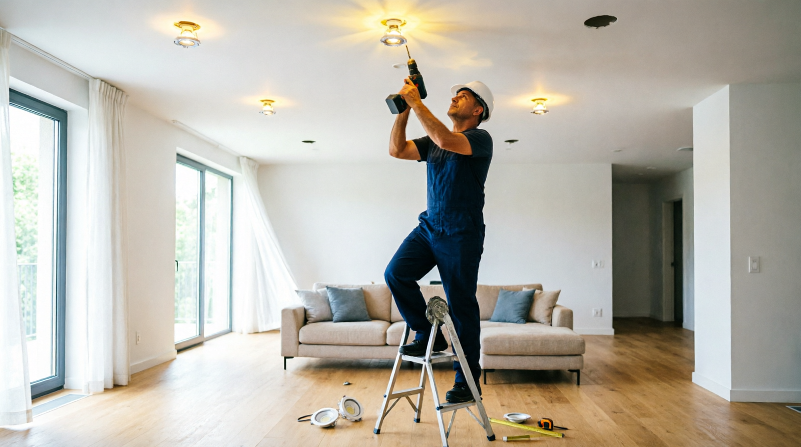 Installation de spots encastrés dans un séjour lumineux rénové